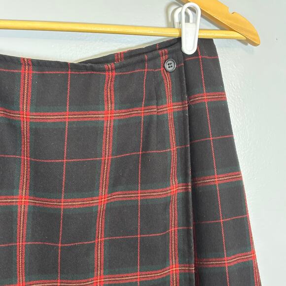 Vintage Red Black Plaid Midi Skirt Lined Wool Blend Button Waist | Dark Autumn - Picture 3 of 8